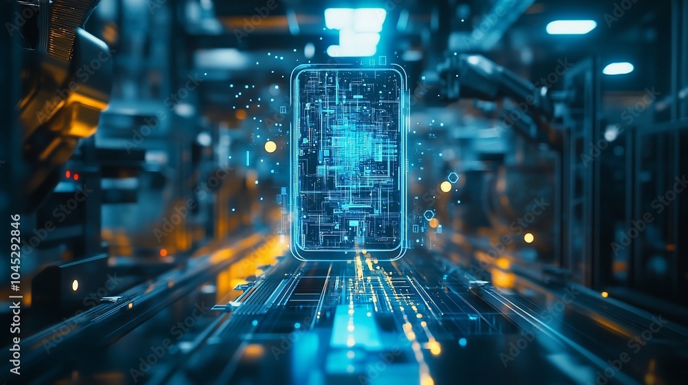 Aufkleber a futuristic assembly line with a glowing smartphone hologram representing the future of technology.