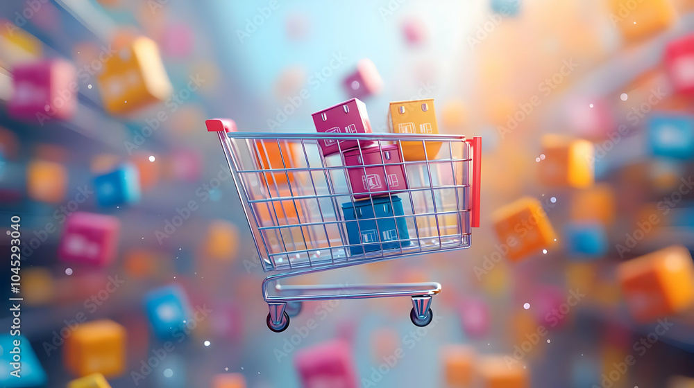 Poster 3d soft abstract shopping cart icons floating digital space artwork bokeh e-commerce modern marketin