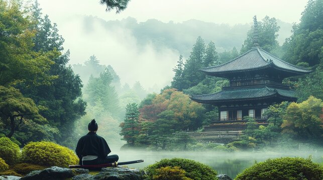 A serene scene of a samurai kneeling before a traditional Japanese temple, with his sword laid out in front of him, surrounded by lush gardens and a peaceful, misty atmosphere, symbolizing respect 