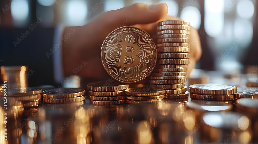 Poster 3d soft focus handshake with sharp coins in foreground symbolizing balance of commerce and savings, 