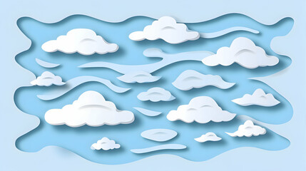 A serene light blue background with flat design clouds and abstract waves, creating a calm and peaceful sky scene with soft shades of blue