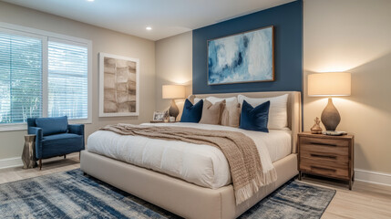 A large bed with a blue and white comforter and pillows