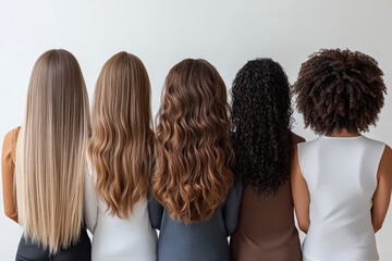 A group of women with different hair types stand side by side