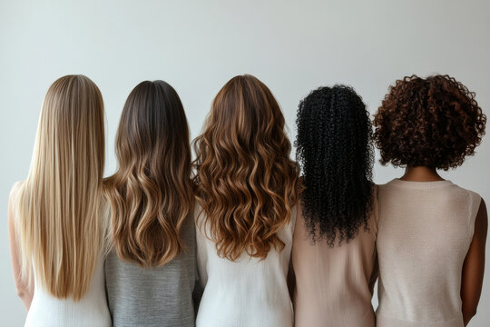 A group of women with different hair types and styles stand side by side