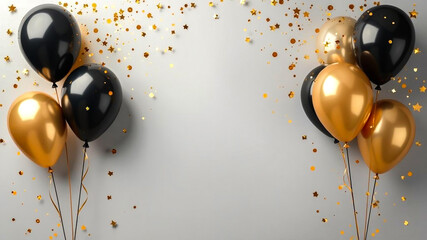 Black and golden balloons on white background. Celebration concept, birthday party. Text space