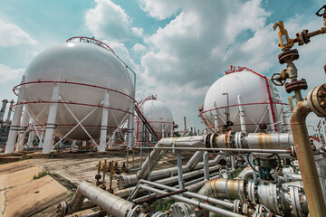 White spherical propane tanks containing fuel gas is pipeline process