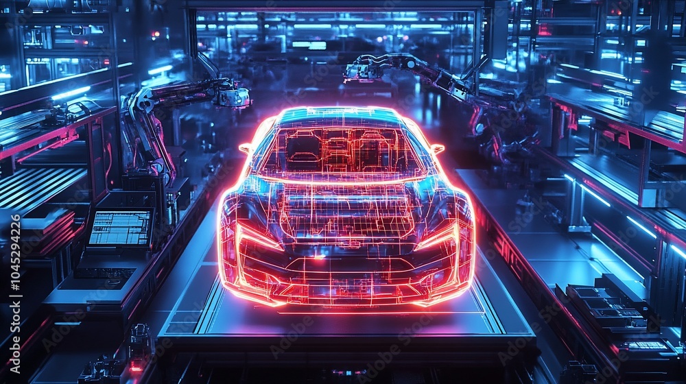 Poster a futuristic car being assembled on an automated assembly line. the car is rendered in a wireframe s