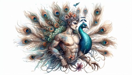 Fototapeta premium Andrealphus, Depicted as a peacock or a man with peacock features, a demon in watercolor illustration