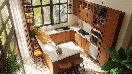 An overhead view of the interior of a home kitchen featuring a bar island and a cooking cabinet close to a window