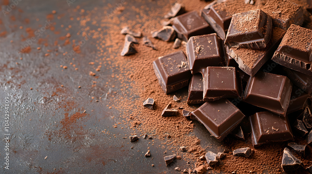 Poster dark chocolate fragments with cocoa dusting on a rustic wooden surface