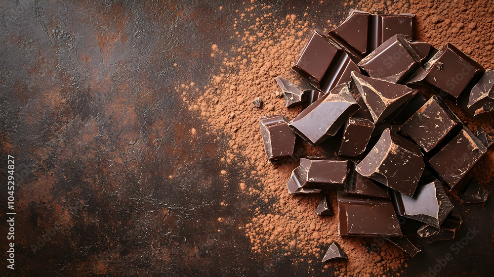Poster dark chocolate fragments with cocoa dusting on a rustic surface