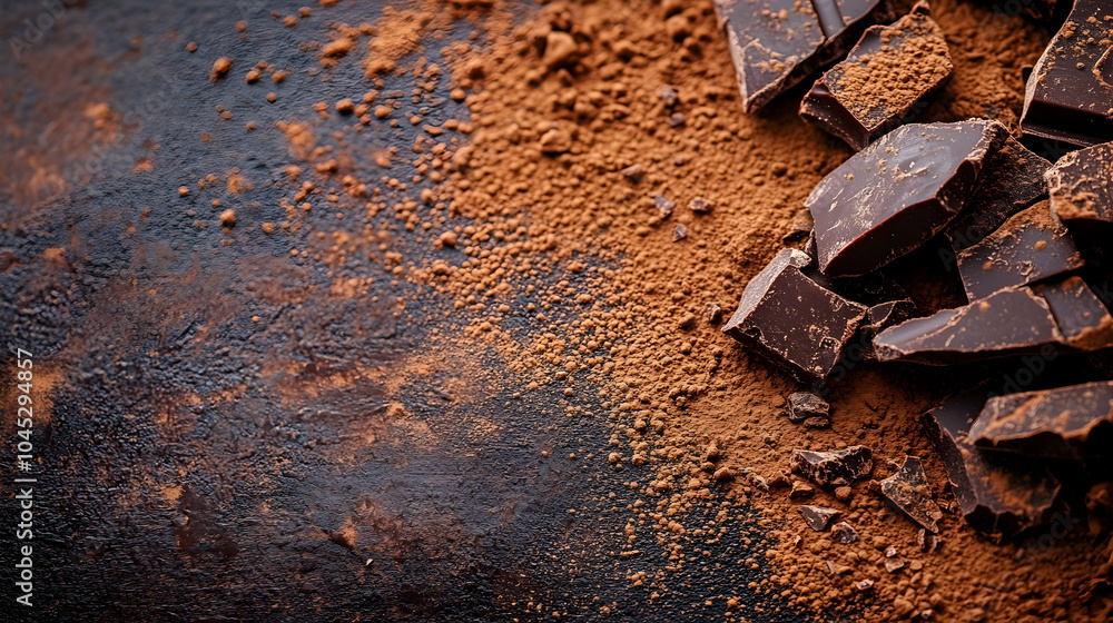 Poster dark chocolate fragments with cocoa dusting on a rustic surface