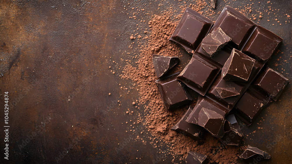 Poster dark chocolate fragments with cocoa dusting on a rustic surface