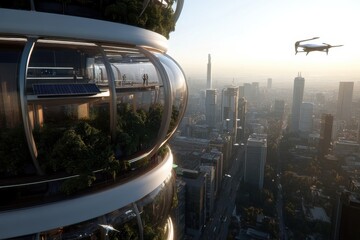 A stunning cylindrical tower featuring futuristic glass pods for living spaces, overlooking a vibrant city skyline, with hi-tech flying vehicles in the sky.