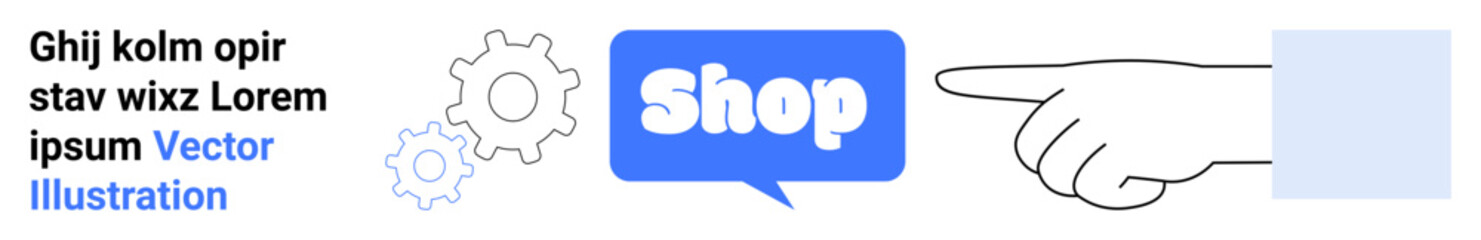Shop text inside a blue speech bubble with gear icons and a pointing hand. Ideal for shopping websites, online stores, e-commerce platforms, digital marketing, and web design. Banner for landing page