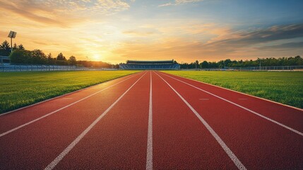 A wide-angle view of an empty athletic track at sunrise, with vibrant red lanes stretching into the distance, surrounded by green fields and a stadium in the background, creating a sense of potential 