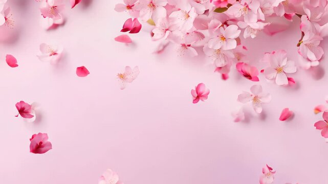Blooming cherry flowers on solid pink background, blossoming beauty