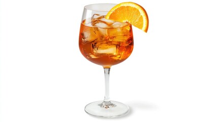 A refreshing drink served in a glass with ice and an orange slice.