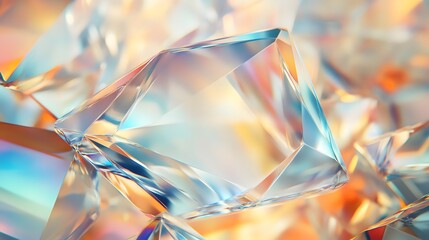 A high-definition texture of transparent crystal with sharp, prismatic cuts, reflecting light in a mesmerizing play of colors.