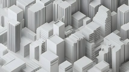 A sleek grey background with isometric illustrations of modern architecture, including abstract buildings in muted grey tones, set against a light grey sky