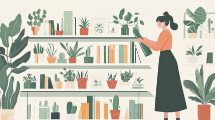 A young woman wiping down a shelf filled with plants and books in a minimalist, modern home, her focus on cleanliness, with a bright and organized interior in the background