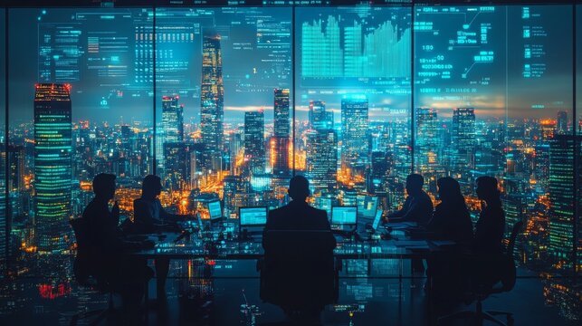 Team collaborating in a high-rise office with a city skyline and digital data overlay at night
