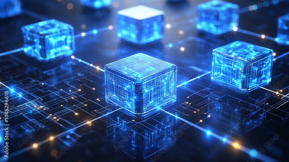 Poster an artistic visualization of blockchain technology, with glowing blocks interconnected by bright lin
