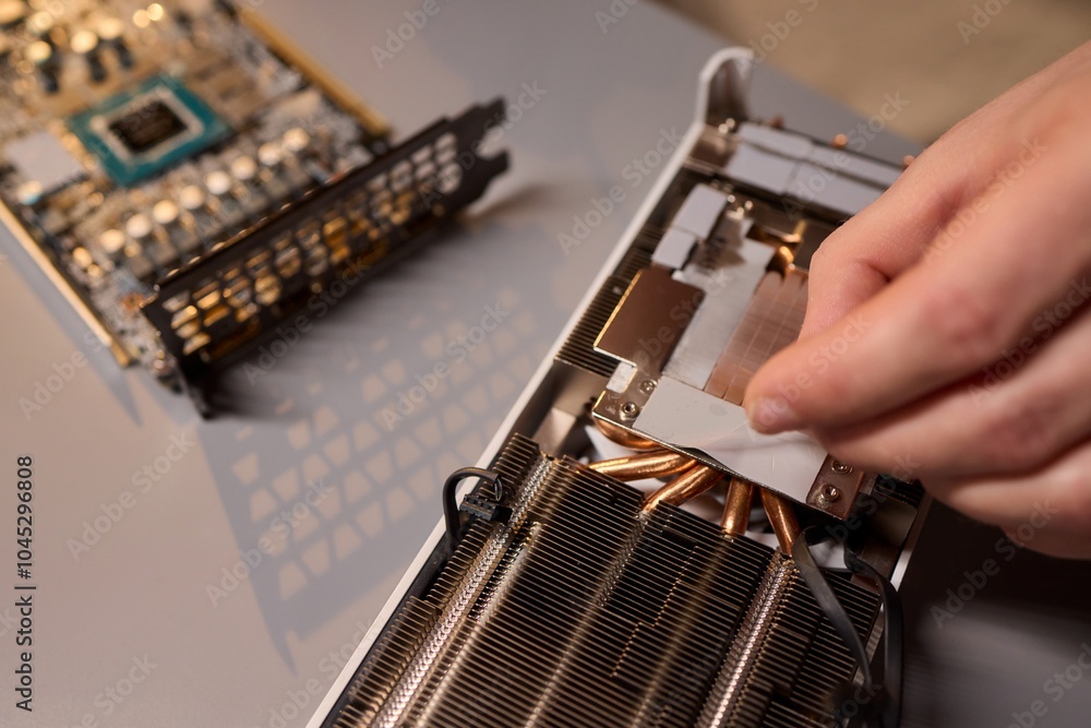 Aufkleber hand repairing a graphics card through the application of thermal paste for better performance