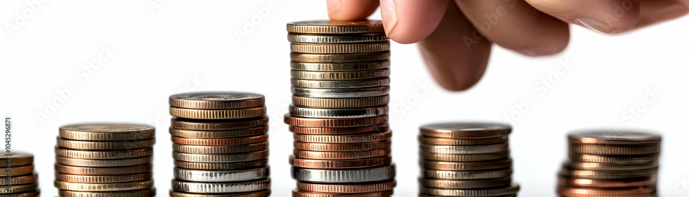 Poster close-up hands stacking coins graph financial growth isolated white macro shot arranging coins ascen