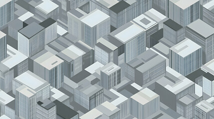 Fototapeta premium A sleek grey background with isometric illustrations of modern architecture, including abstract buildings in muted grey tones, set against a light grey sky