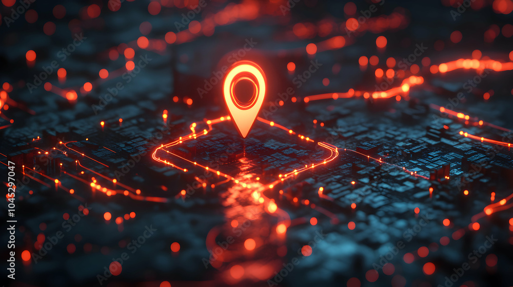 Poster futuristic digital map highlighting a single location pin in a modern interface design