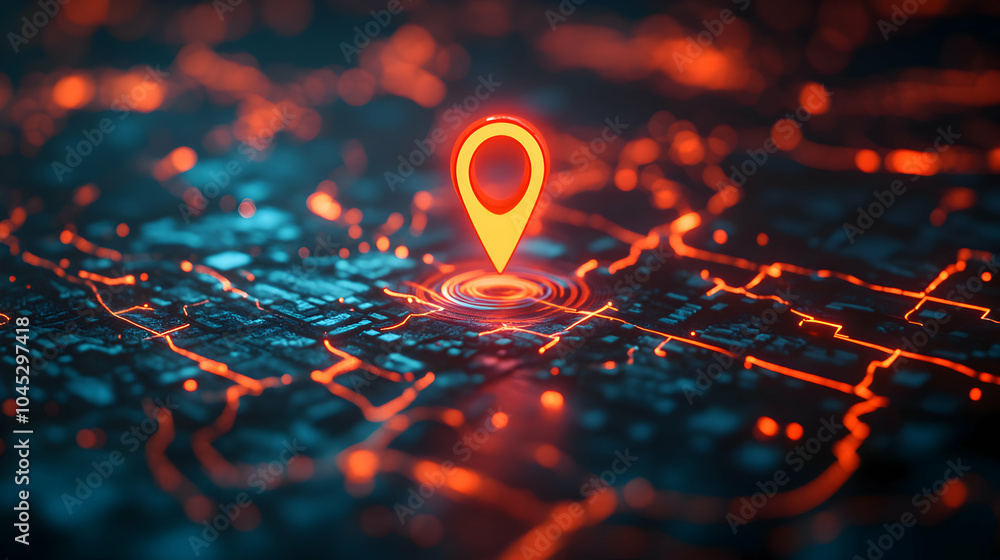 Poster high-tech digital map with a single pinpoint marker indicating location on a futuristic interface