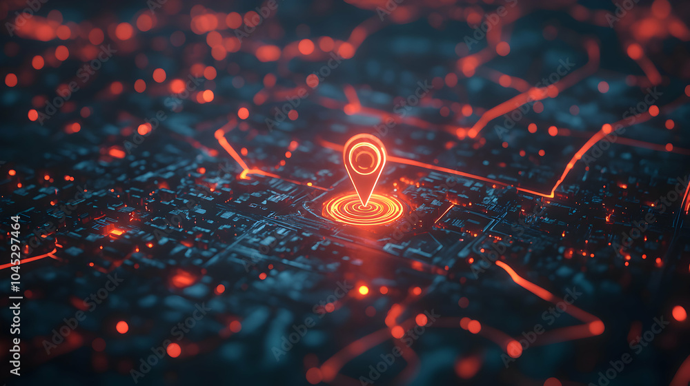 Poster high-tech digital map featuring a single pinpoint location in a futuristic style