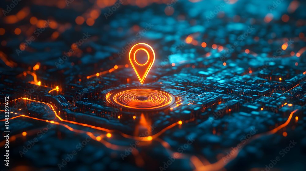 Poster high-tech digital map featuring a single pinpoint location in a futuristic style