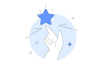 A hand points a star. Feedback and review concept. Character giving positive feedback. Customer satisfaction. Vector Illustration, icon. Stylish, Minimalist line, abstract