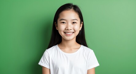 southeast asian teen girl green background wearing plain white tshirt smiling happy portrait