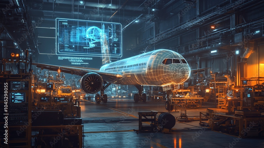 Aufkleber a futuristic hangar with a wireframe airplane being assembled on a production line.