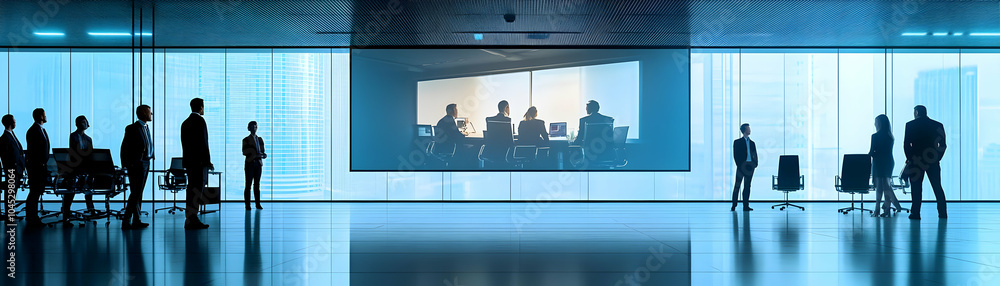 Poster Business Professionals Video Conferencing Large Screen Remote Teamwork White Background; Wide Shot Office Big Screen Displaying Colleagues Video Call; Modern Setting Interaction Onsite Remote Team Mem