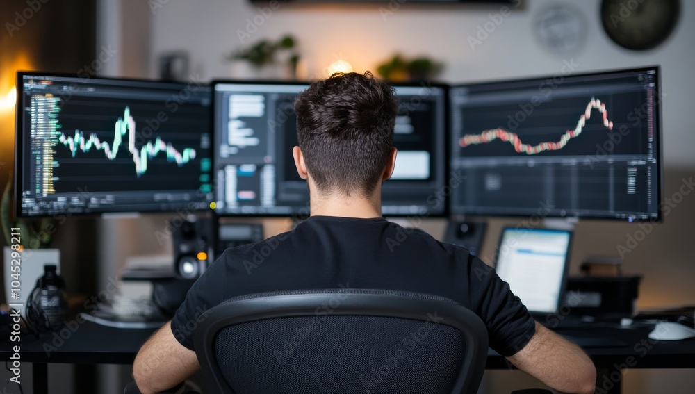 Poster analyzing market trends a deep dive into data with multi-monitor setup