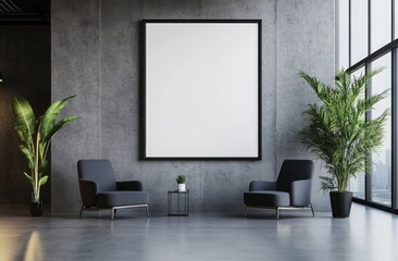 Modern minimalist interior with blank canvas and cozy seating area