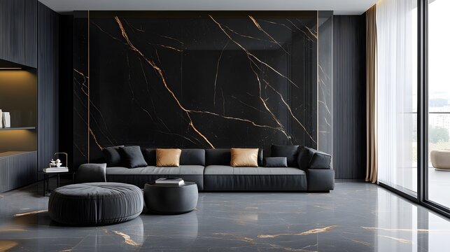 A lavish slab of black marble with soft gold veining, exuding opulence and sophistication, perfect for high-end interiors.