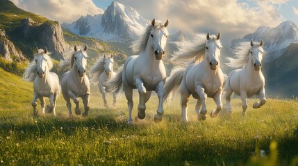 Seven majestic horses running side by side through a grassy meadow, with a mountain range in the background and soft sunlight illuminating their strong, muscular forms