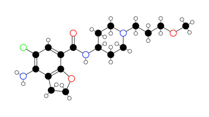 prucalopride molecule, structural chemical formula, ball-and-stick model, isolated image prokinetic agents