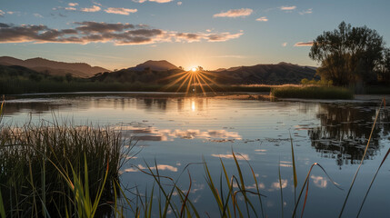 Sunrise over a serene wetland with mountain backdrop. World Wetlands Day.