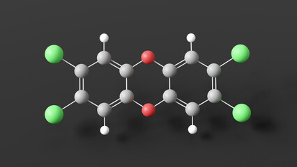 dioxin molecule 3d, molecular structure, ball and stick model, structural chemical formula organic pollutant