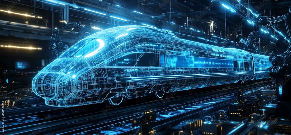 Poster A futuristic high-speed train with a transparent body showing its mechanical parts is illuminated by blue lights in a futuristic station.