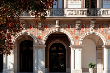 Fototapeta premium Charming exterior of a historical building featuring intricate mosaics and arches, framed by lush foliage, showcasing classical architectural elegance.