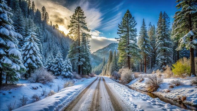 Snowy dirt road along Upper Applegate River in Southern Oregon