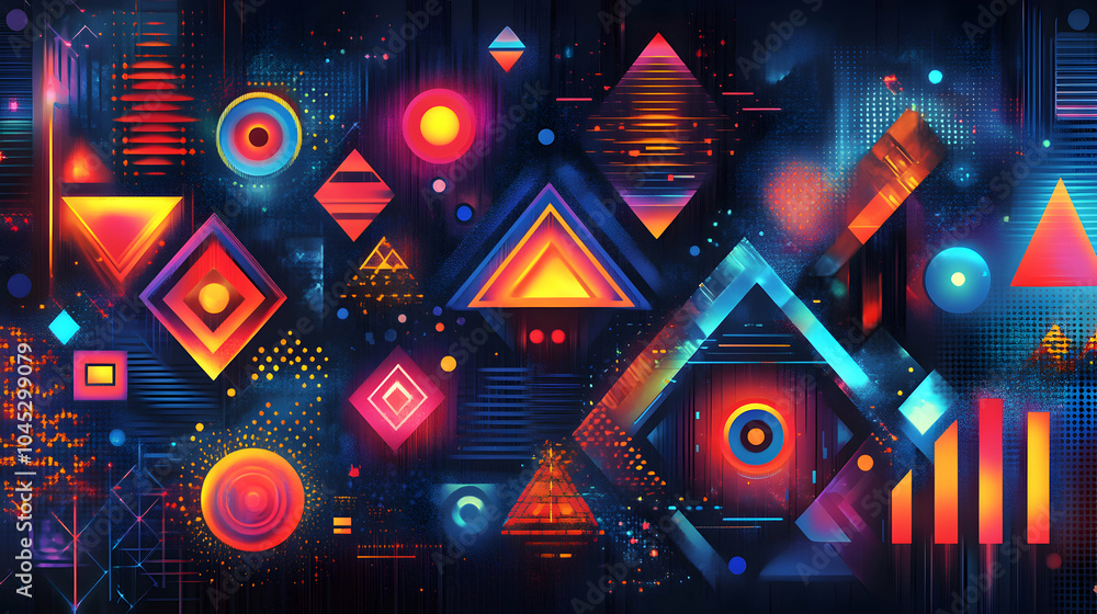 Poster neon-inspired geometric shapes with sharp edges and intricate patterns in vibrant colors