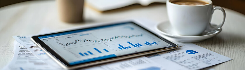 Business magazines tablet stock market charts coffee mug plain white desk slow zoom highlight information analysis conveys business analysis market trends ideal for financial analysts investors busine